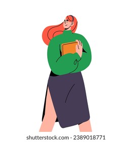 Young business woman carrying tablet, holds notebook. Redhead girl, student in slit skirt walking. Happy office worker, employee strolling, looking back. Flat isolated vector illustration on white