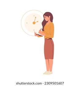 Young business woman cartoon character with pen writing notes in to-do list notebook making schedule