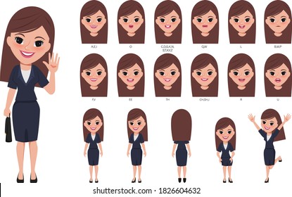 Young Business Woman Character For Animated. Creation People With Emotions Face Animation Mouth. Flat Vector Design.