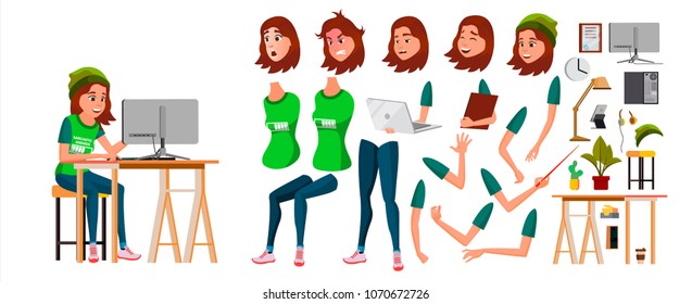 Young Business Woman Character Vector. Working Teen Female Girl. Clerk Working At Office Desk. Animation Set. Attractive Lady. Emotions. Cartoon Illustration