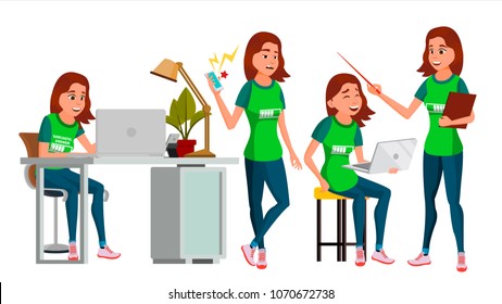 Young Business Woman Character Vector. Environment Process. Lady In Various Poses. Creative Studio. Cartoon Illustration
