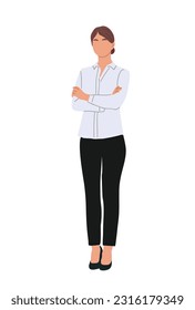 Carácter de mujer joven empresaria. Dibujo vectorial realista de una chica caricaturista de muy pie que usa un elegante traje informal de oficina y tacones altos. Aislado sobre fondo blanco