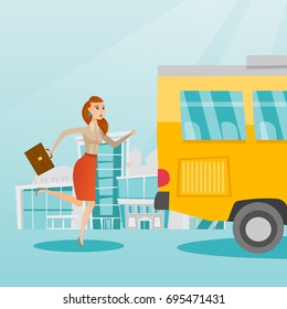 Young business woman chasing a bus. Caucasian business woman running for an outgoing bus. Latecomer business woman running to reach a bus. Vector cartoon illustration. Square layout.