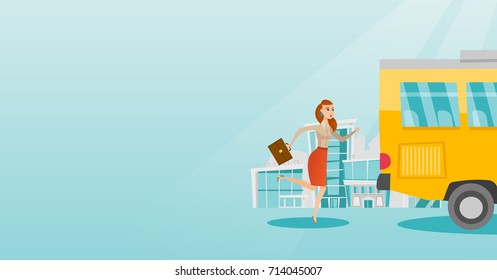 Young Business Woman Chasing A Bus. Caucasian Business Woman Running For An Outgoing Bus. Latecomer Business Woman Running To Reach A Bus. Vector Cartoon Illustration. Horizontal Layout.