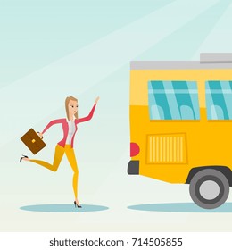 Young Business Woman Chasing A Bus. Caucasian Business Woman Running For An Outgoing Bus. Latecomer Business Woman Running To Reach A Bus. Vector Cartoon Illustration. Square Layout.