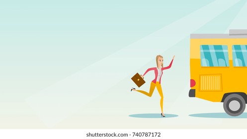 Young Business Woman Chasing A Bus. Caucasian Business Woman Running For An Outgoing Bus. Latecomer Business Woman Running To Reach A Bus. Vector Cartoon Illustration. Horizontal Layout.