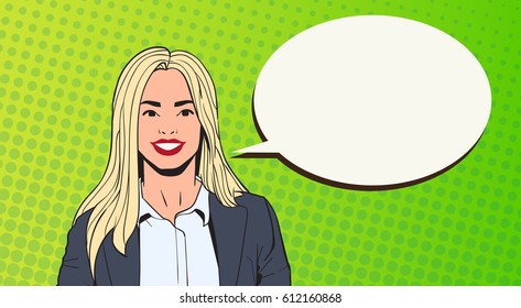 Young Business Woman With Chat Bubble Pop Art Colorful Retro Style Vector Illustration