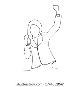 Young business woman cheering up isolated in white background. Continuous one line vector illustration