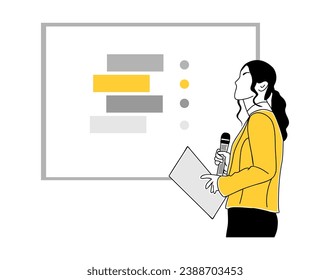 Young business woman, Coach, mentor making presentation at conference, seminar. Staff education, learning, improving professional skill business concept illustration. Vector drawing isolated.