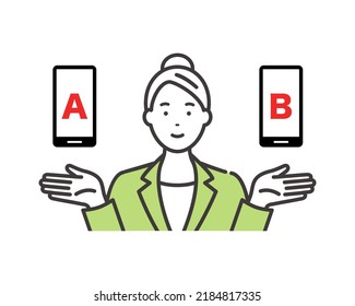 Young business woman comparing and explaining smartphones.