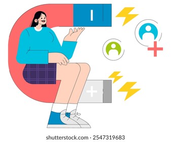 Young Business Woman concept. A confident female professional engaged in a dynamic workplace, showcasing energy and interaction. Vector illustration.