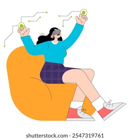 Concepto de mujer de negocios joven. Un emprendedor dinámico interactúa con gráficos de crecimiento virtual. Profesional femenina sentada en atuendo de trabajo casual. Ilustración vectorial.