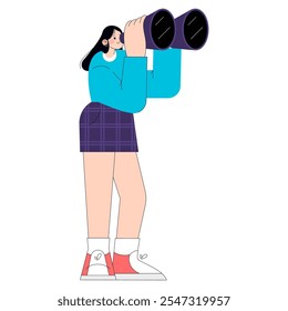 Young Business Woman concept. Professional female with binoculars looking ahead, symbolizing future planning. Ambition and foresight in business. Vector illustration.