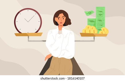 Young business woman is deciding to choose between working hard for more money and using time with family or taking break for her self. Work-life balance. Thinking. Flat vector illustration.