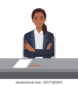 Young business woman at the desk with her arm crossed and paper pen on the desk. Flat vector illustration isolated on white background