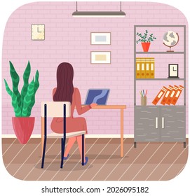 Young business woman at desk is working on laptop computer vector illustration. Secretary in office workspace, businesswoman person back view, student sitting at a table typing with keyboard