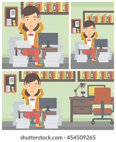 Young business woman in despair sitting at workplace with heaps of papers and clutching her head. Vector flat design illustration. Square, horizontal, vertical layouts.