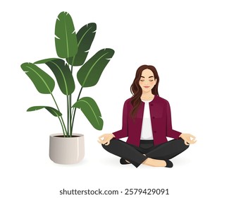 Young business woman doing yoga meditation near green pot plant in office. Isolated vector illustration