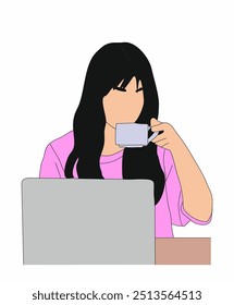 Young business woman drinking coffee, tea. Pretty girl working on laptop, with cup of hot beverage drink. Flat outline vector drawing isolated on white background.