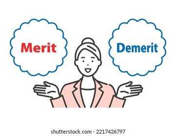 A Young Business Woman Explaining The Merit And Demerit. Vector Illustration On White Background.