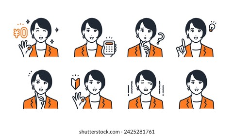 Young business woman facial expression icon set material