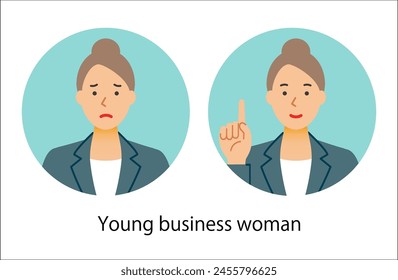 Young business woman facial expression icon set.