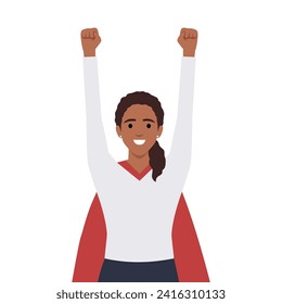 Young business woman flying with hands up. Career advancement. Cartoon girl in superhero mantle. Flat vector illustration isolated on white background