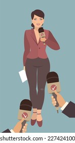 young business woman in full growth standing in front of his hands with microphones gives interviews