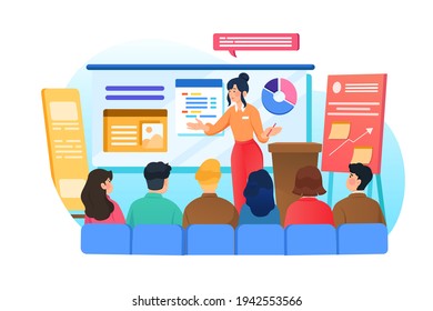 Young business woman giving a presentation at a conference