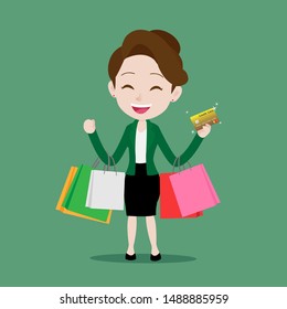 Young business woman is happy to use credit cards to pay for shopping, Cartoon vector illustration