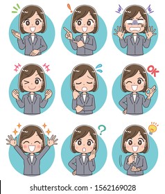 Young Business Woman Has Various Facial Expressions. Round Icon.