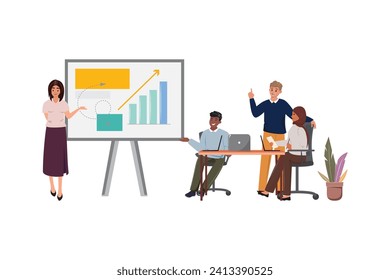 Young business woman having a presentation at the white board with charts, dats and reports. Multiethnic colleagues listening to her