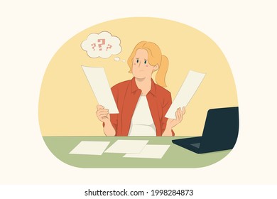Young business woman hold read paper account documents at work concept