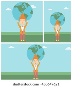 Young business woman holding a big Earth globe over her head. Concept of global business. Vector flat design illustration. Square, horizontal, vertical layouts.