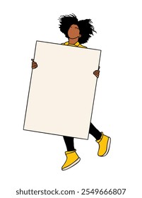 Young business woman holding blank banner, empty placard. Girl presenting goods, service. Advertising and marketing concept. Vector outline colored drawing for graphic, web design on white background