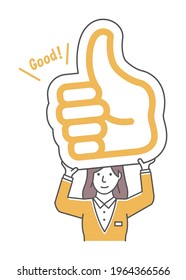 Young business woman holding cardboard plate ( thumb up ) illustration.