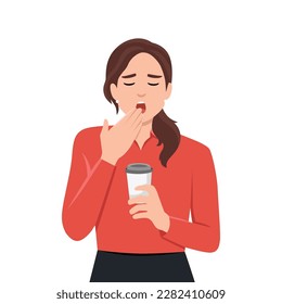 Young business woman holding a cup of coffee and yawning in the morning. Flat vector illustration isolated on white background