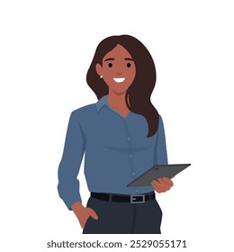 Young business woman holding a device in her hand. Flat vector illustration isolated on white background