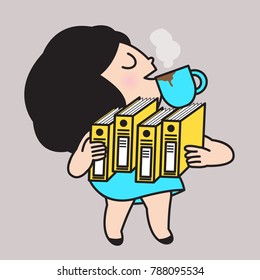 Young Business Woman Holding Document Folders While Drinking A Cup Of Coffee That Place On Them Concept Card Character illustration