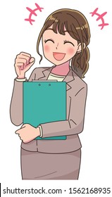 Young business woman holding documents. She is pleased to hold a fist.