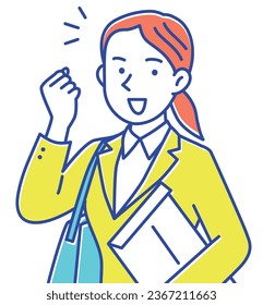 A young business woman holding an envelope and posing