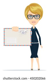 Young business woman holding a envelope letter in her hand. Stock vector illustration