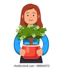 Young Business Woman Holding Flower Pot With Money Tree In Her Hands. Small Business Owner Concept. Startup Business Growth & Care. Flat Style Modern Vector Illustration Isolated On White Background.