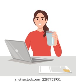 Young business woman holding glass of water in front of desk with laptop. Reminding people to stay hydrated and dont forget to drink water. Flat vector illustration isolated on white background