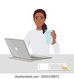 Young business woman holding glass of water in front of desk. Flat vector illustration isolated on white background