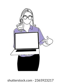 Young Business woman holding laptop and pointing to blank screen. Advertising, marketing concept. Vector simple outline drawing for graphic, web design Isolated on white background.