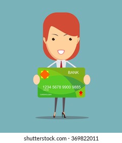 a young business woman holding new credit card.Vector illustration