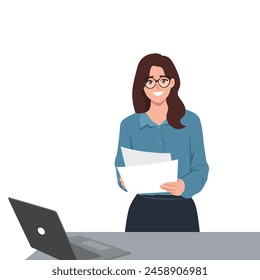 Mujer joven de negocios que sostiene el papeleo en su oficina. Ilustración vectorial plana aislada sobre fondo blanco