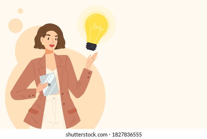 Young business woman holding tablet and light bulb with blank space for texts or presenting content. Concept of presentation, advertising, announcement, idea, working. Flat vector illustration.