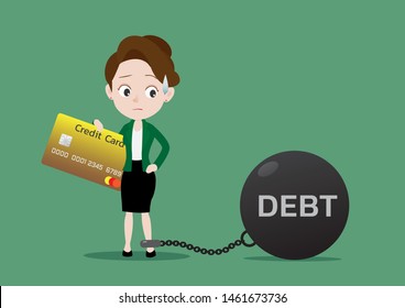 Young business woman holds a credit card and she is chained to a big debt weight ball, Cartoon vector illustration
